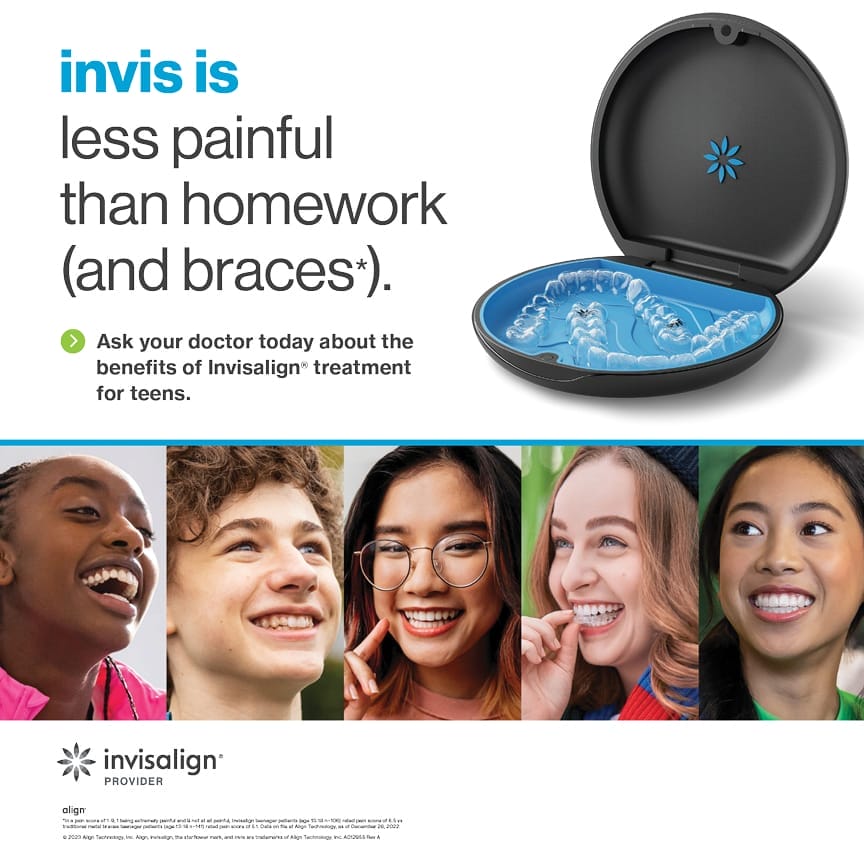 A black Invisalign case with clear aligners sits above five smiling teens; text promotes Invisalign as less painful than braces and encourages consulting a doctor for teen treatment benefits.