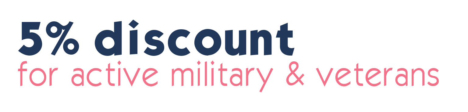 Text reads "5% discount for active military & veterans" in bold navy and pink font on a light background.