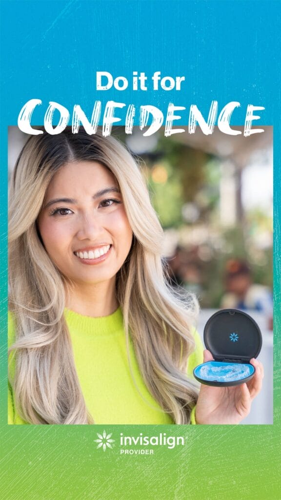 Woman smiling and holding an Invisalign case, with the text "Do it for Confidence" and Invisalign Provider branding.