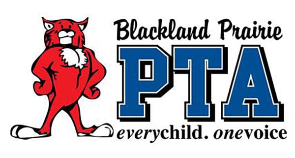 A red wildcat mascot stands next to the text "Blackland Prairie PTA everychild. onevoice," with large blue "PTA" letters, celebrating our Wildflower Sponsors.