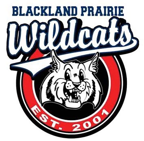 Blackland Prairie Wildcats logo featuring a wildcat head inside a red and black ring, with "EST. 2001" and bold text above reading "Blackland Prairie Wildcats." Proudly supported by our Wildflower Sponsors.