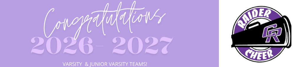 Purple banner with "Congratulations 2026-2027 Varsity & Junior Varsity Teams!" and a "Raider Cheer" megaphone logo on the right.
