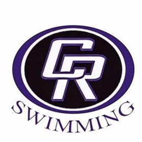 Logo with bold white letters "CR" outlined in purple inside a black oval, with the word "SWIMMING" below in purple capital letters.