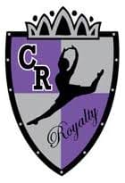 Shield-shaped logo with a black crown, split gray and purple background, "CR" initials, a dancer silhouette, and the word "Royalty" in script.