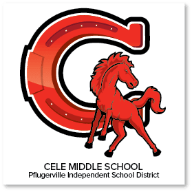 Red horse standing in front of a large red letter "C" with "CELE MIDDLE SCHOOL Pflugerville Independent School District" written below.