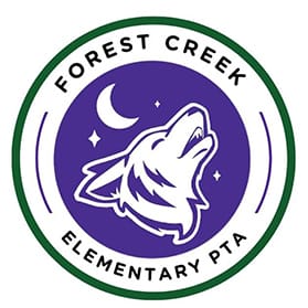 A circular logo with a howling wolf, stars, and a crescent moon on a purple background, surrounded by the text "Forest Creek Elementary PTA.
