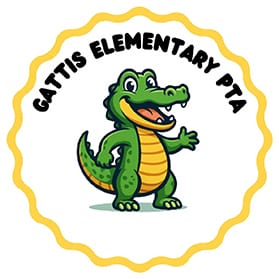 Logo for Gattis Elementary PTA featuring a smiling cartoon alligator with a yellow belly inside a yellow scalloped border.
