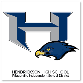 Large stylized letter "H" with a blue hawk head logo; text below reads "Hendrickson High School, Pflugerville Independent School District.