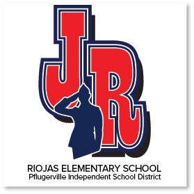 Logo featuring large red letters "JR" outlined in blue, with a silhouette of a saluting figure. Text below reads "Riojas Elementary School, Pflugerville Independent School District.