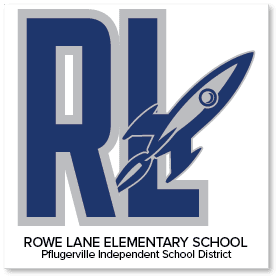 Logo with large blue letters "RL" and a stylized rocket, with text below: "Rowe Lane Elementary School, Pflugerville Independent School District.