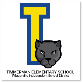 Large yellow and blue letter "T" with a black panther head in front; text reads "Timmerman Elementary School, Pflugerville Independent School District.