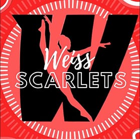 Large black "W" with a silhouette of a dancer inside, surrounded by red and white accents; text reads "Weiss Scarlets.